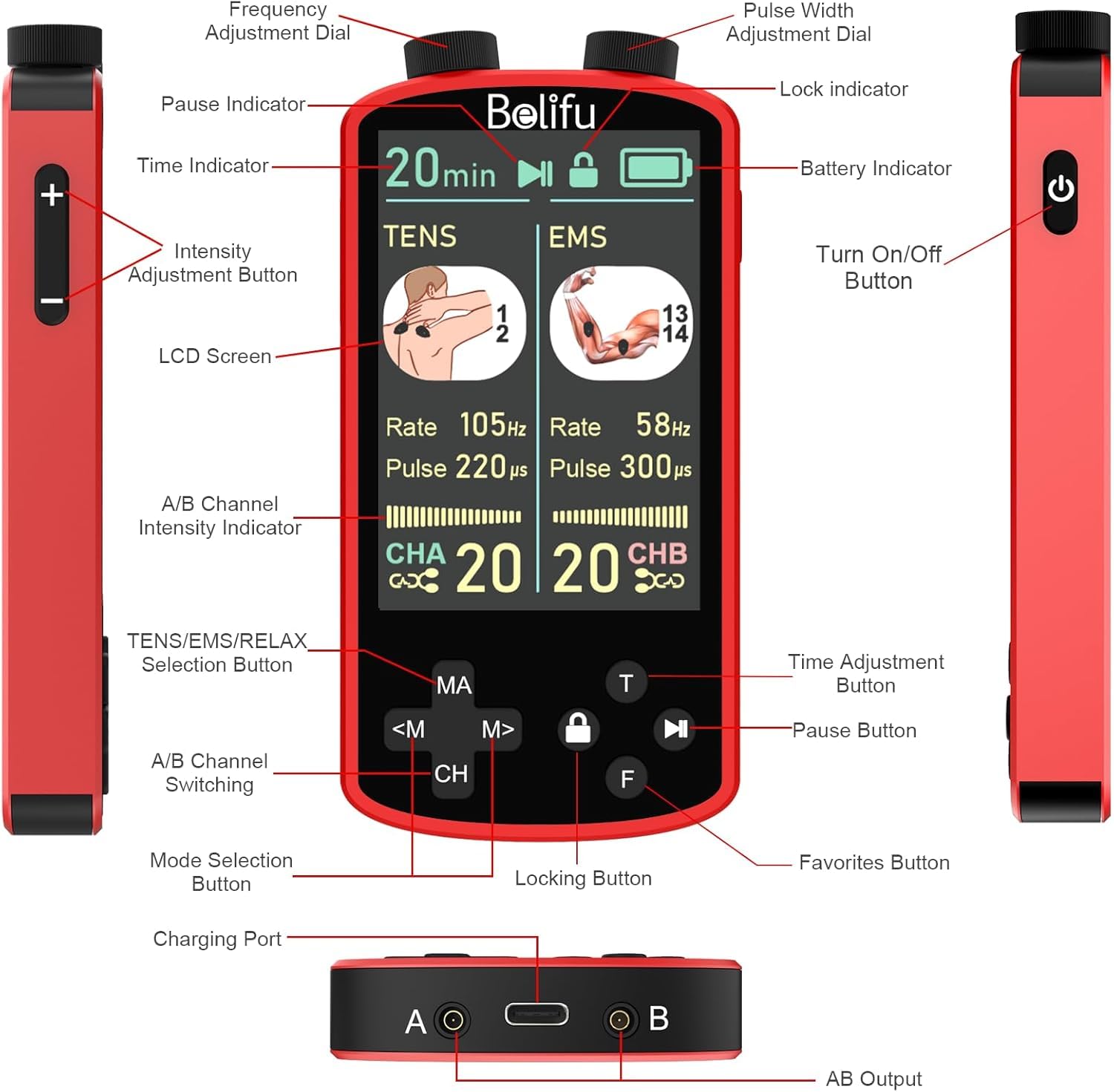 TENS EMS Unit Muscle Stimulator for Pain Relief Therapy - 4 in 1 TENS EMS Relax Custom Frequency+Pulse - Muscle Massager 36 Modes 20 Intensity, Memory & Favorites Function, 3.8" Color Display - Red — Amazon image 4