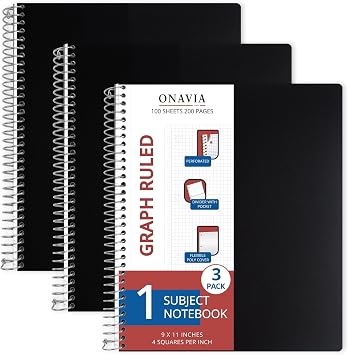 ONAVIA Graph Ruled Spiral Notebook 1 Subject, 3 Pack, 9 x 11 in, 100 Sheets, Waterproof PP Cover, 3-Hole Punched with Divider and Double-Sided Pocket for Drawing and Classroom Use, Black