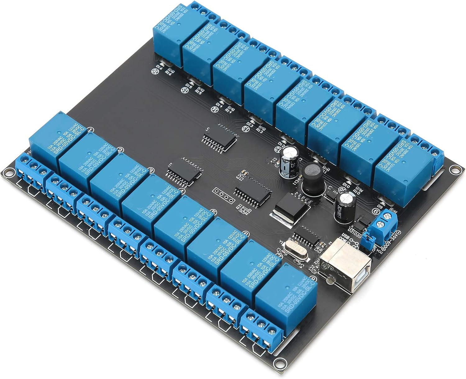 Angled view of the Pomya 16-Channel USB Opto-Isolated Relay Module, showing the USB port and power input terminals.