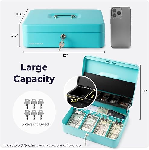 Miniatura 3 de Caja de efectivo con cerradura de llave, bandeja de monedas de acero con tapa y ranuras para billetes, caja fuerte compacta portátil  4 llaves  Caja
