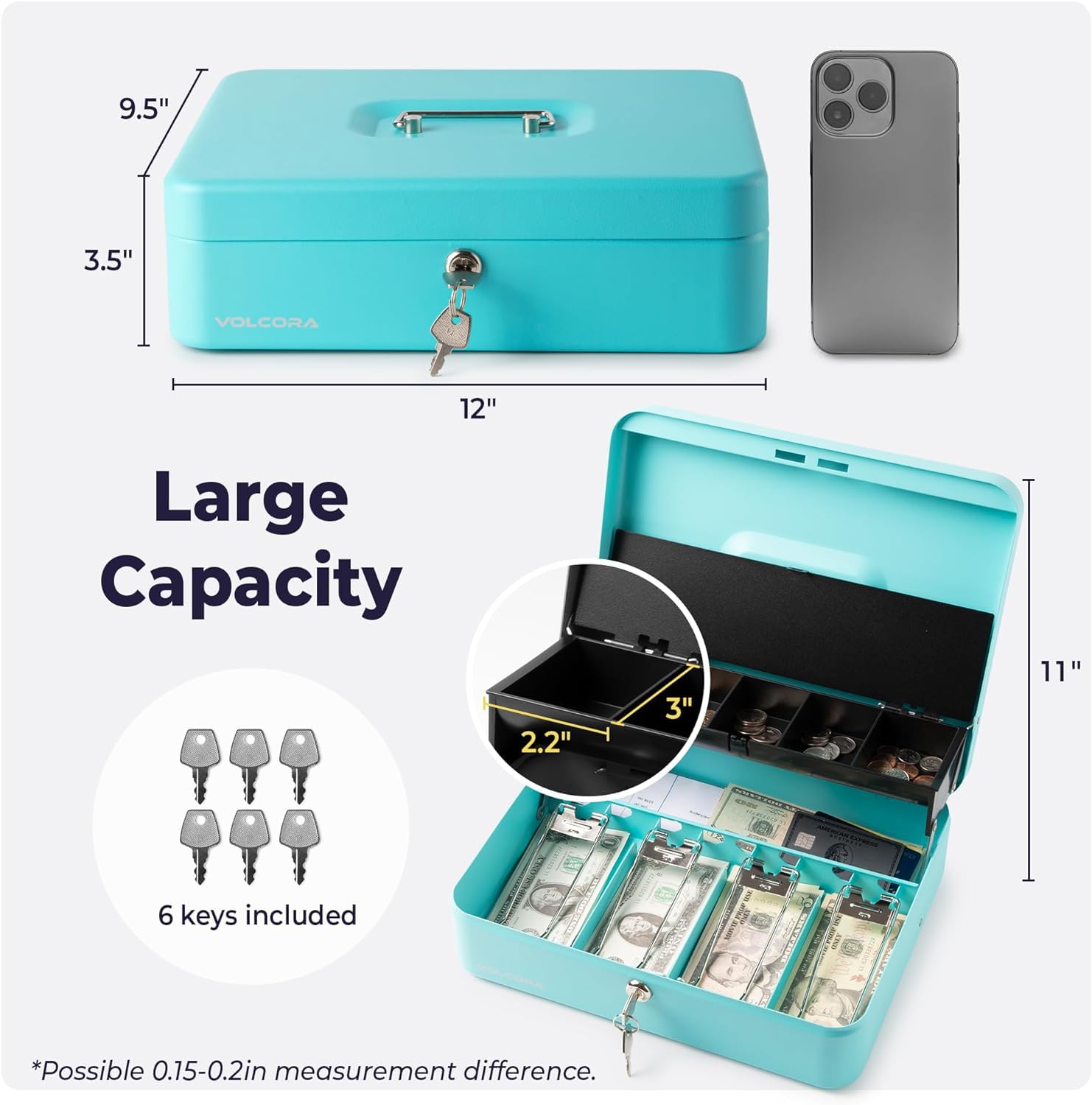 Cassetta contanti con serratura a chiave - Portamonete a più livelli in acciaio con coperchio e slot per banconote | Portatile Compact Safe | 4 chiavi | Scatola portaoggetti in metallo ciano per