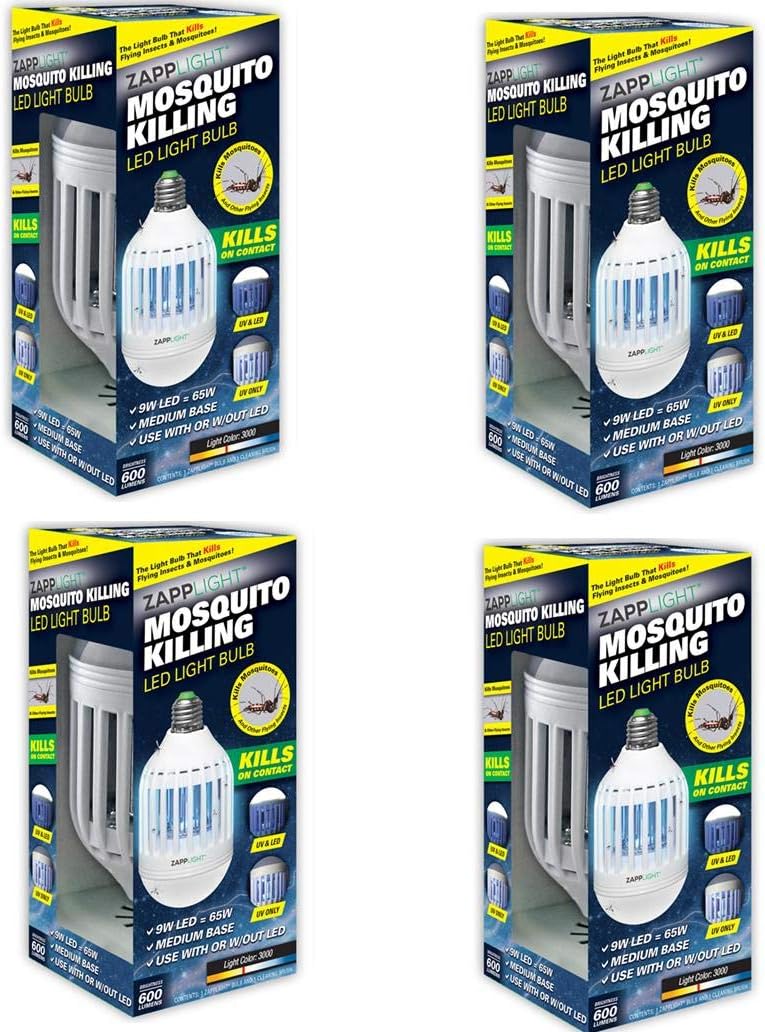 Zapplight Set of 4 LED 60W Bug Zapper Insect and Mosquito Zapper Fits Standard Light Fixture To Attract and Kill Bugs On Contact