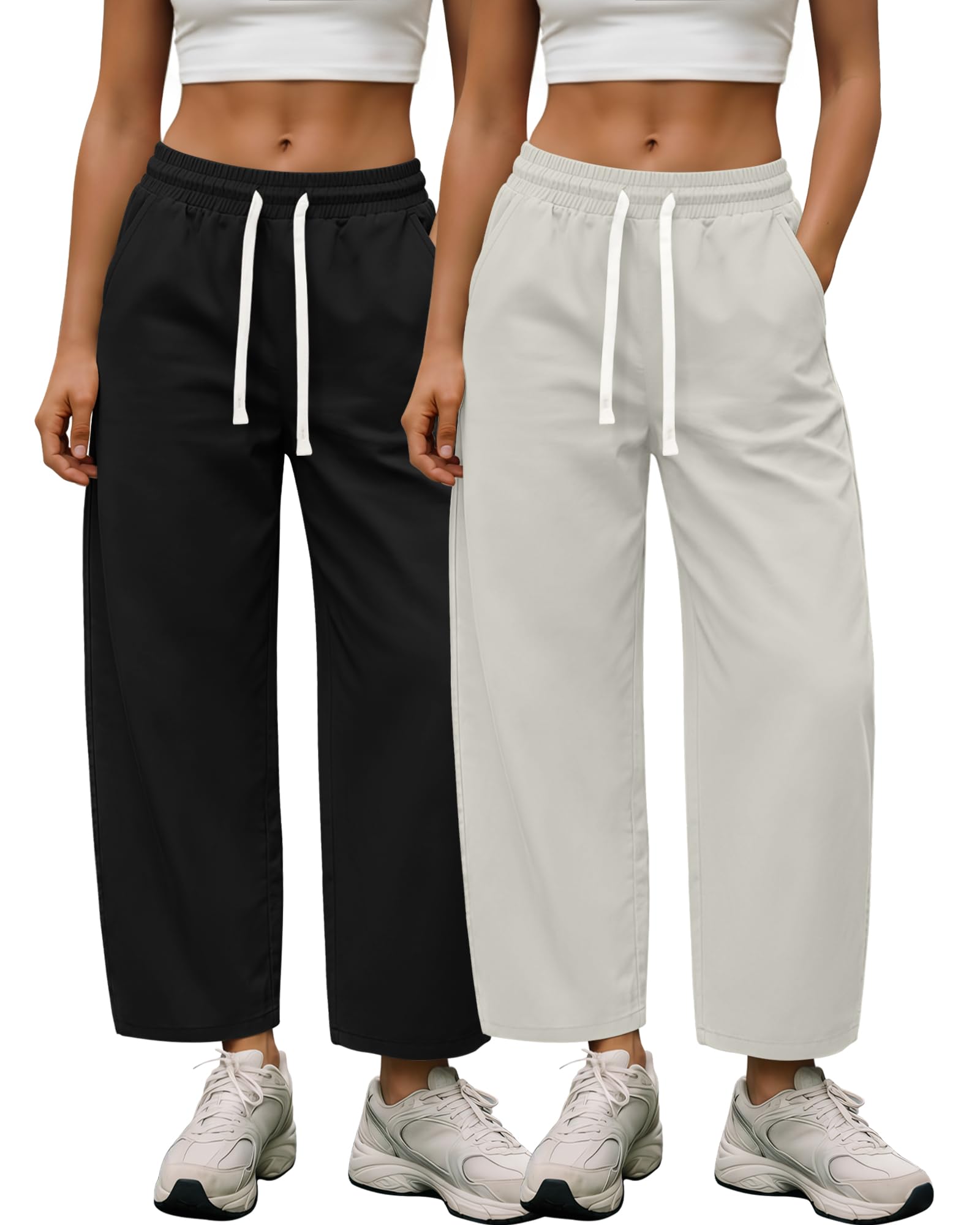 2 Pack Cotton Womens Wide Leg Barrel Pants Chinos Elastic Waist Drawstring Casual Twill Trousers with Pockets