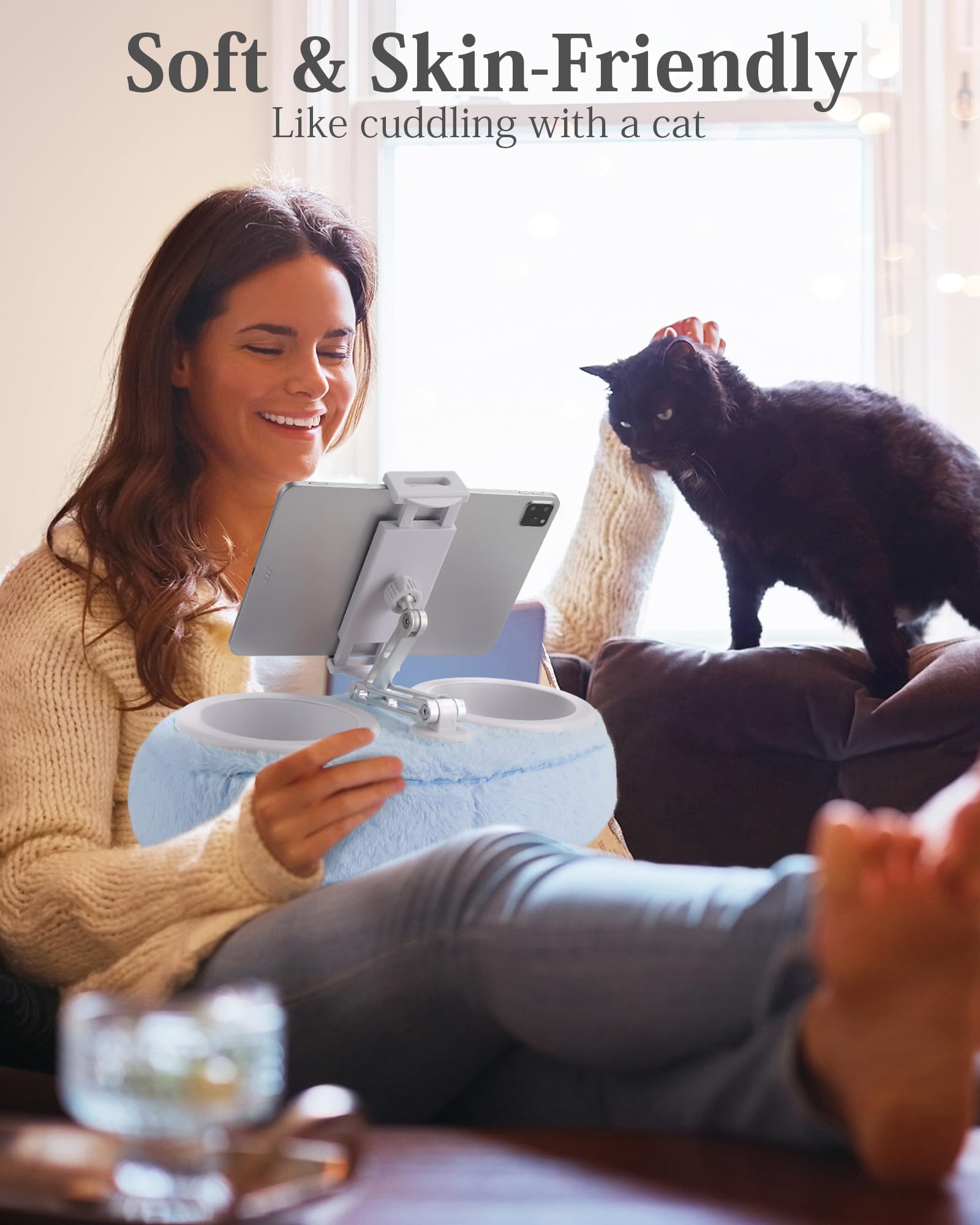 SHUWEI Supporto per tablet Kindle iPad con due ciotole per snack, supporto per tablet per leggere a letto per Kindle, tablet, iPad, iPhone da 4,7 a 13 pollici