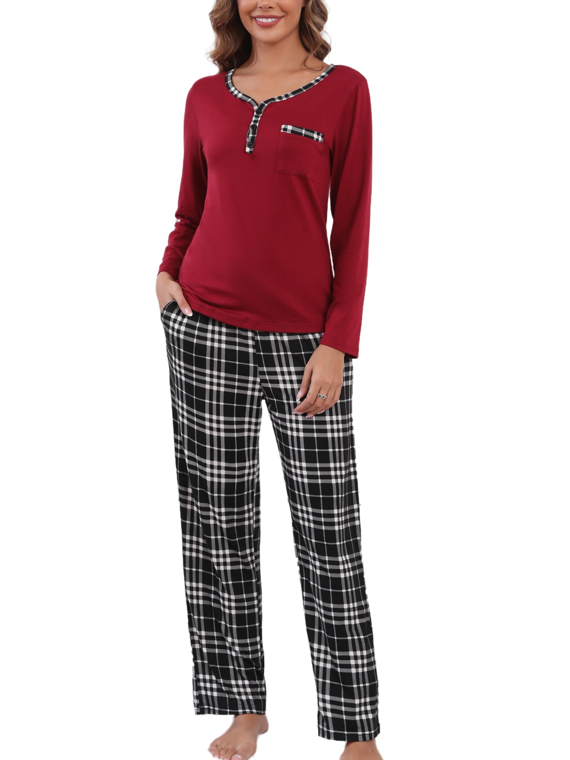 Yukiuiny Womens long Sleeve Pajamas Sets 2 Piece Tops and Plaid Pants PJ Set Loungewear Sleepwear with Pockets
