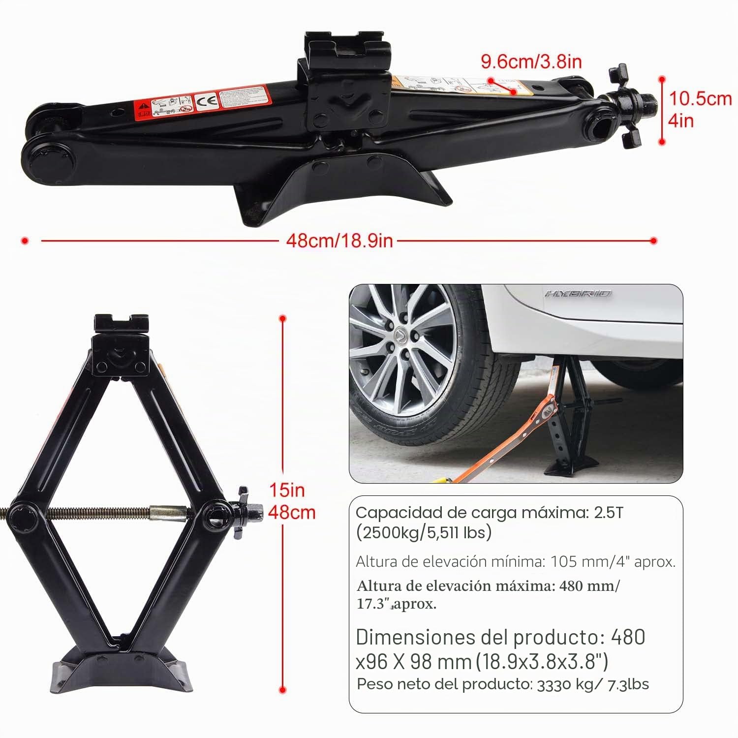 EXLECO Gato de Tijera 2,5T con Llave de Rueda Telescópica, Elevador con Trinquete, Gato Hidráulico con Carraca, 360 ° Cabezal de Actividad, Llave de carraca, para Coche Familiar SUV MPV