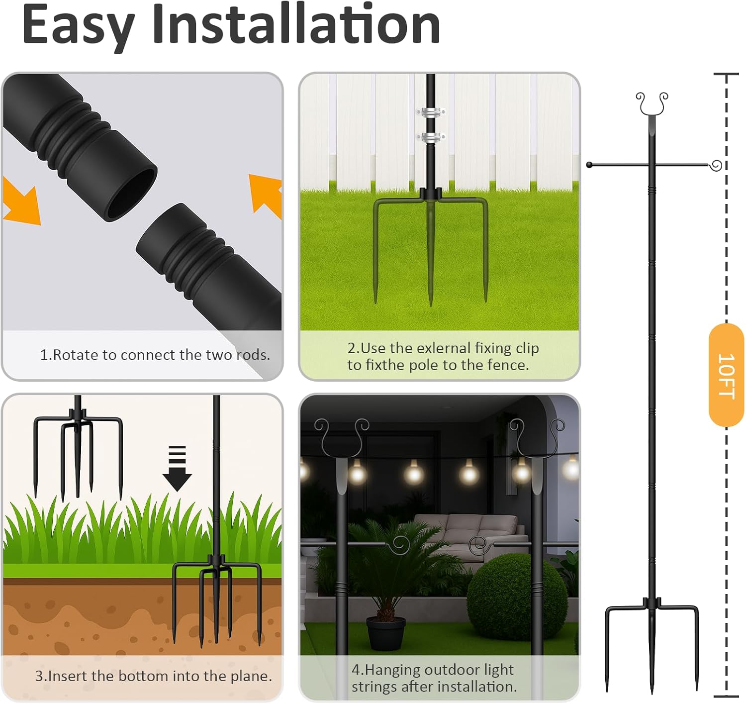 Outdoor String Light Poles 6 Pack - 10 Ft Lighting Posts with Fork,Rustproof Patio Heavy Metal Stand, Adjustable for Backyard Deck Garden Wedding