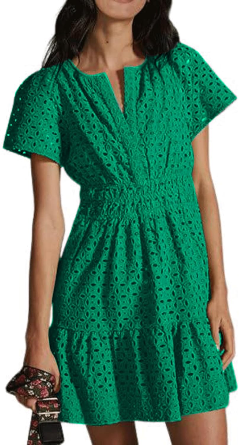 utcoco Lace Eyelet Mini Dress for Women 2025 Casual V Neck Short Sleeve Smocked Waist Tiered Boho Sun Dresses