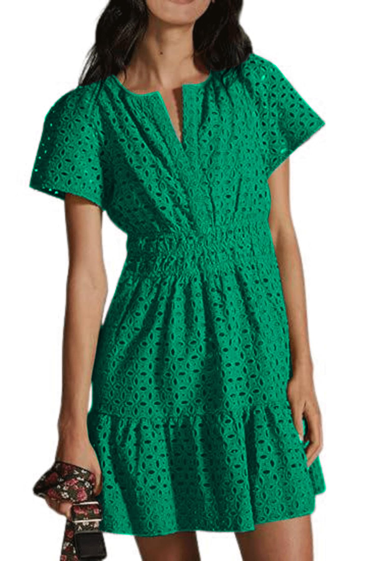 utcoco Lace Eyelet Mini Dress for Women 2025 Casual V Neck Short Sleeve Smocked Waist Tiered Boho Sun Dresses