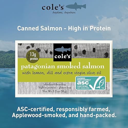 Miniatura 11 de COLE'S MARISCOS - Salmón ahumado empaquetado a mano en aceite de oliva, mariscos sin conservantes, pescado enlatado, alto en proteínas y omegas