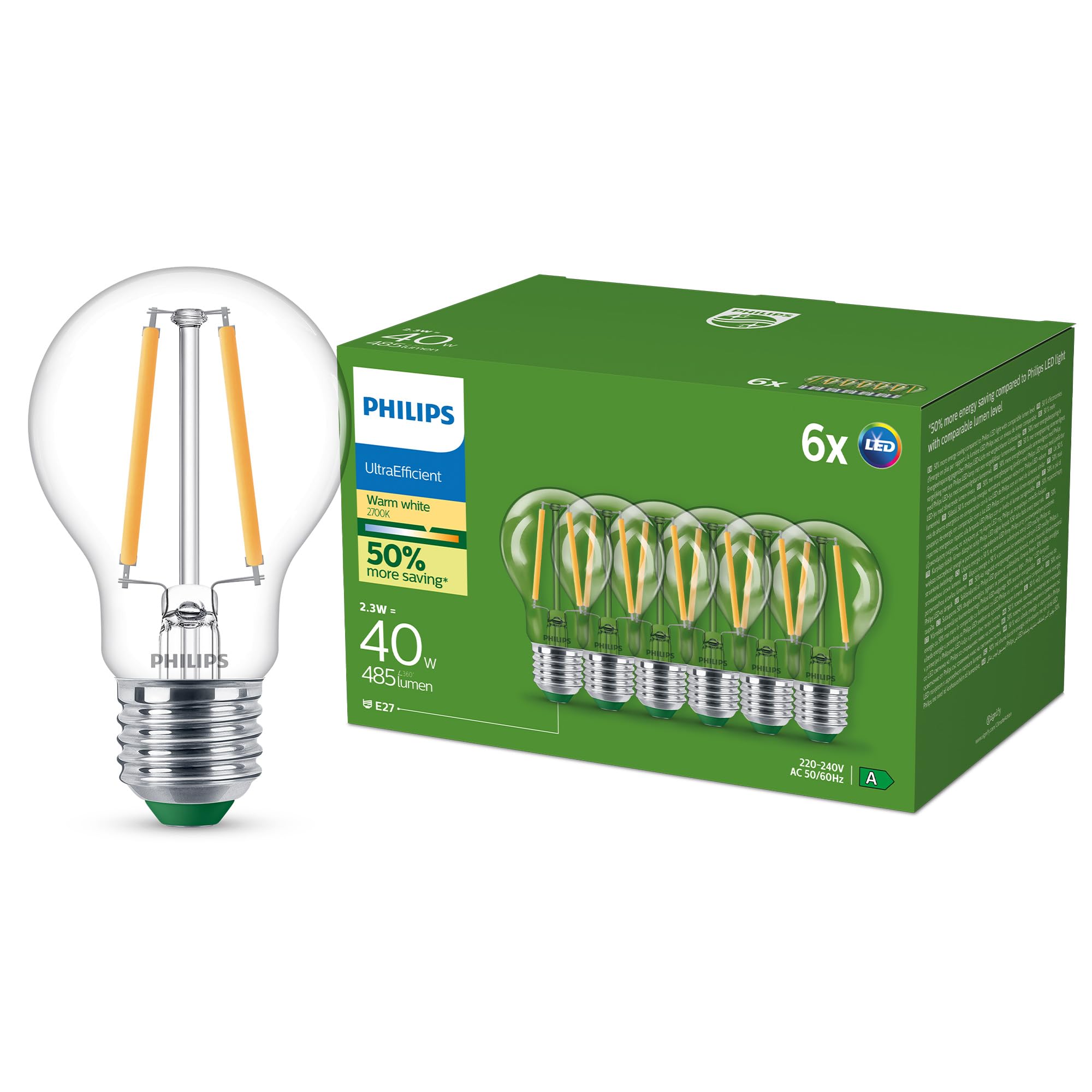 Philips Ultra Efficient - Ultra Energy Saving Lights, E27 LED Light Source, 40W, A60, Warm White, Pack of 6, Clear