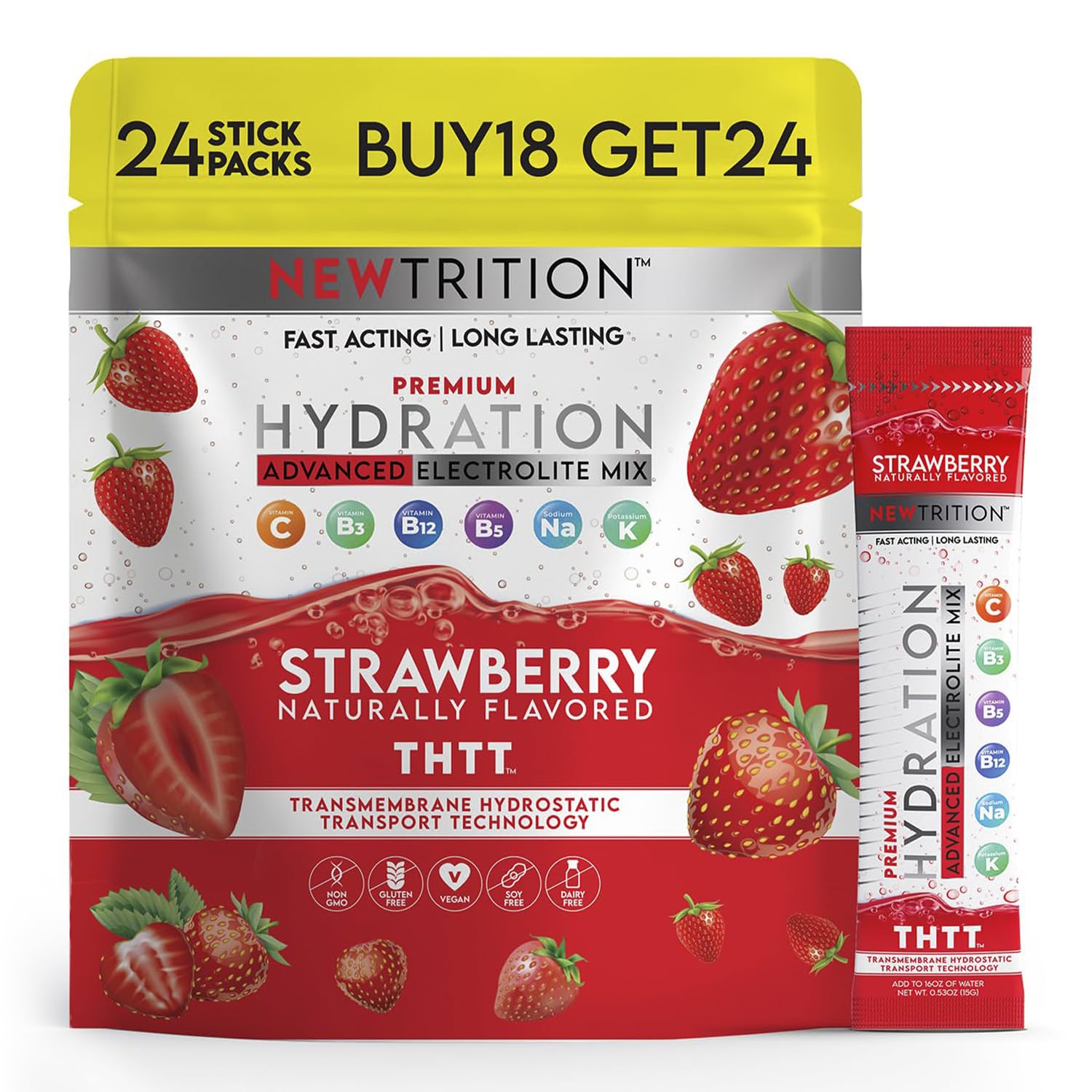 Hydration Powder, Strawberry Pack of 24 Electrolyte Powder Packets, Naturally Flavored Hydrating Packets for Water, Fast Acting Hydrate Electrolytes with Vitamins B&C, Energy & Recovery