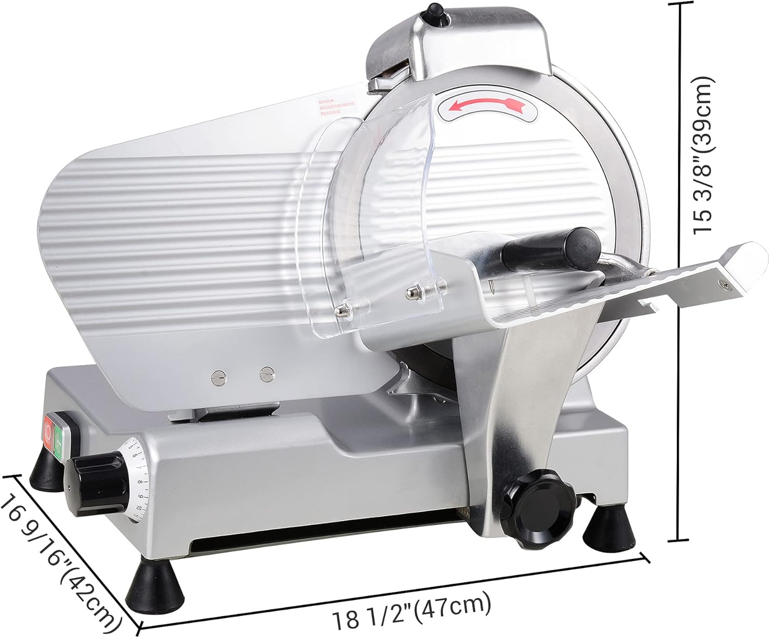 Dimensions of the Commercial Food Slicer: 16 9/16 inches (42cm) wide, 18 1/2 inches (47cm) deep, and 15 3/8 inches (39cm) high