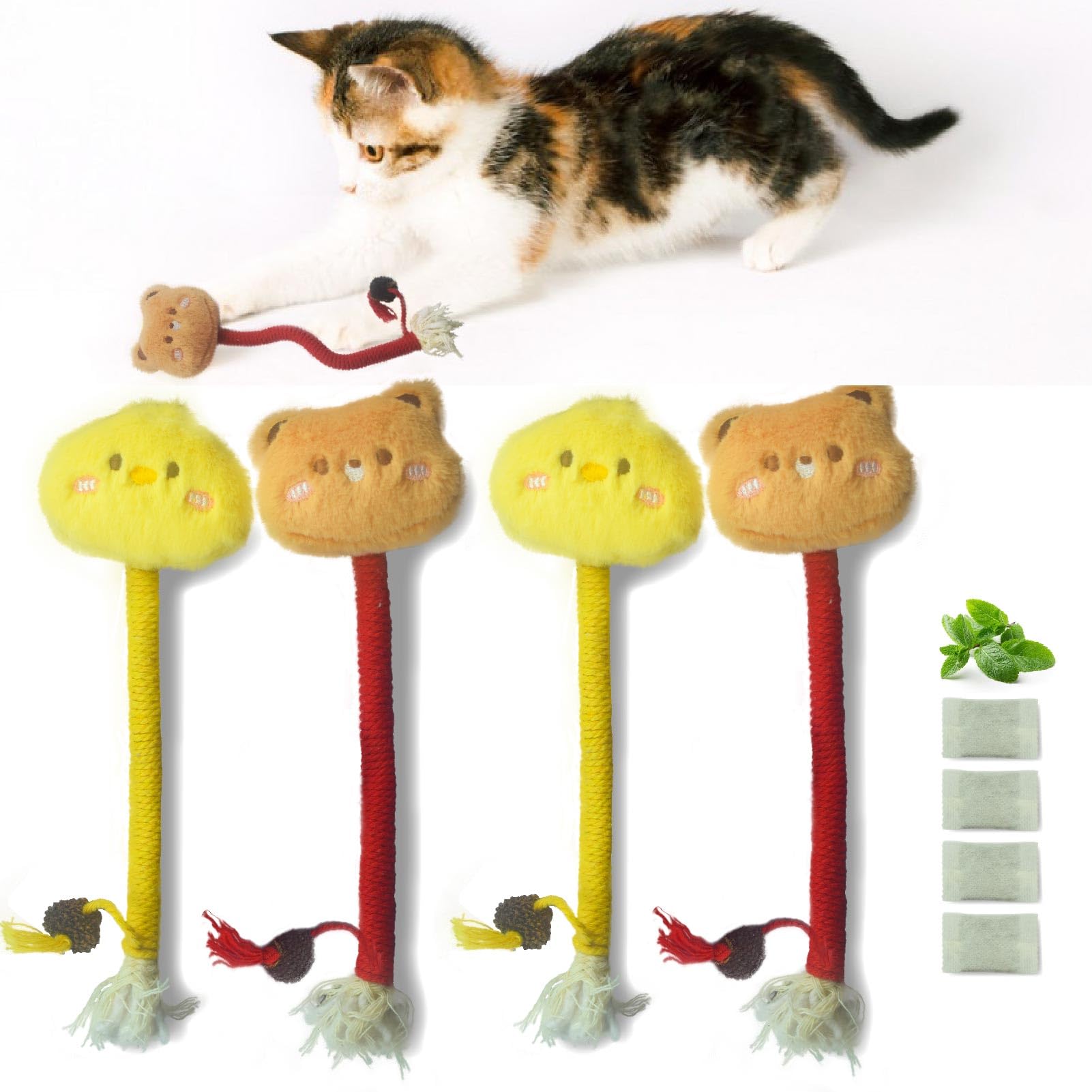 Lopawve 4Pcs Catnip Toys for Cats, Bite Resistant Cat Chew Toys with Gall Fruit, Soft Doll & 4 Pack Natural Catnips, 9