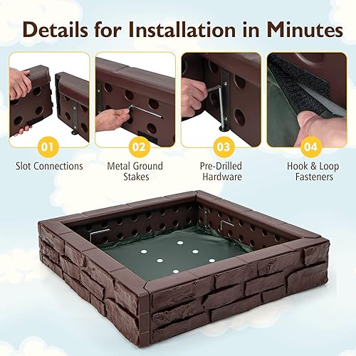 Miniatura 6 de Costzon Caja de arena para niños con cubierta, caja de arena de polietileno de alta densidad de 47 x 47 pulgadas con cubierta Oxford, forro