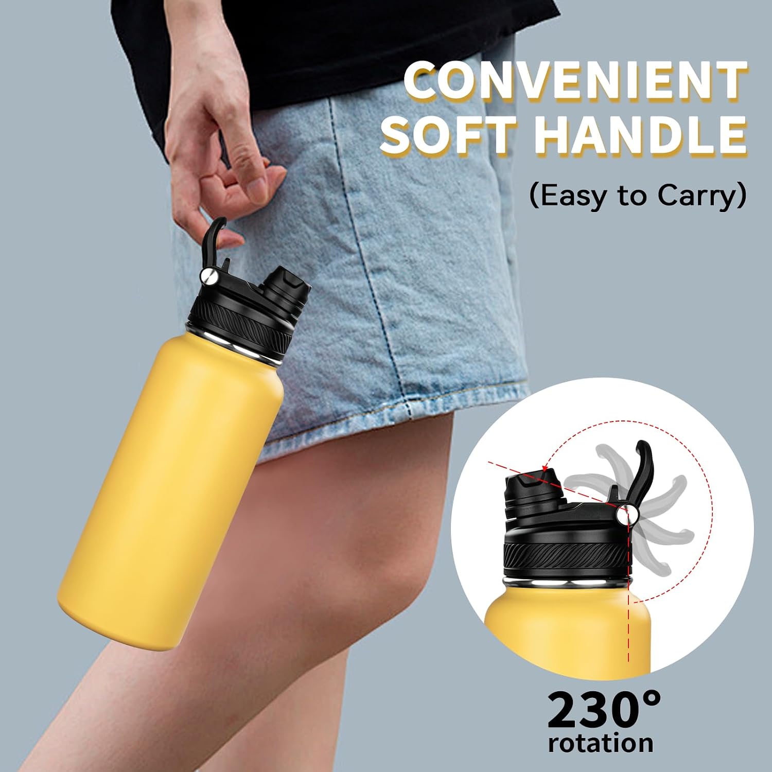 32 oz Insulated Water Bottle with Leak-proof 2-in-1 Straw and Spout Lid,Stainless Steel Sports Water Bottle with Handle,Double Wall Vacuum Metal Water Flask for Travel Camping School(Yellow,4) image 4