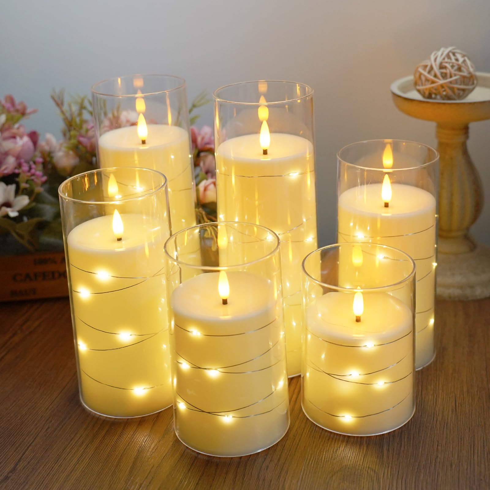 Fo32won 6-Pack Flameless LED Pillar Candles With Remote & Timer - Ivory, Flickering With Fairy String Lights, Battery Operated