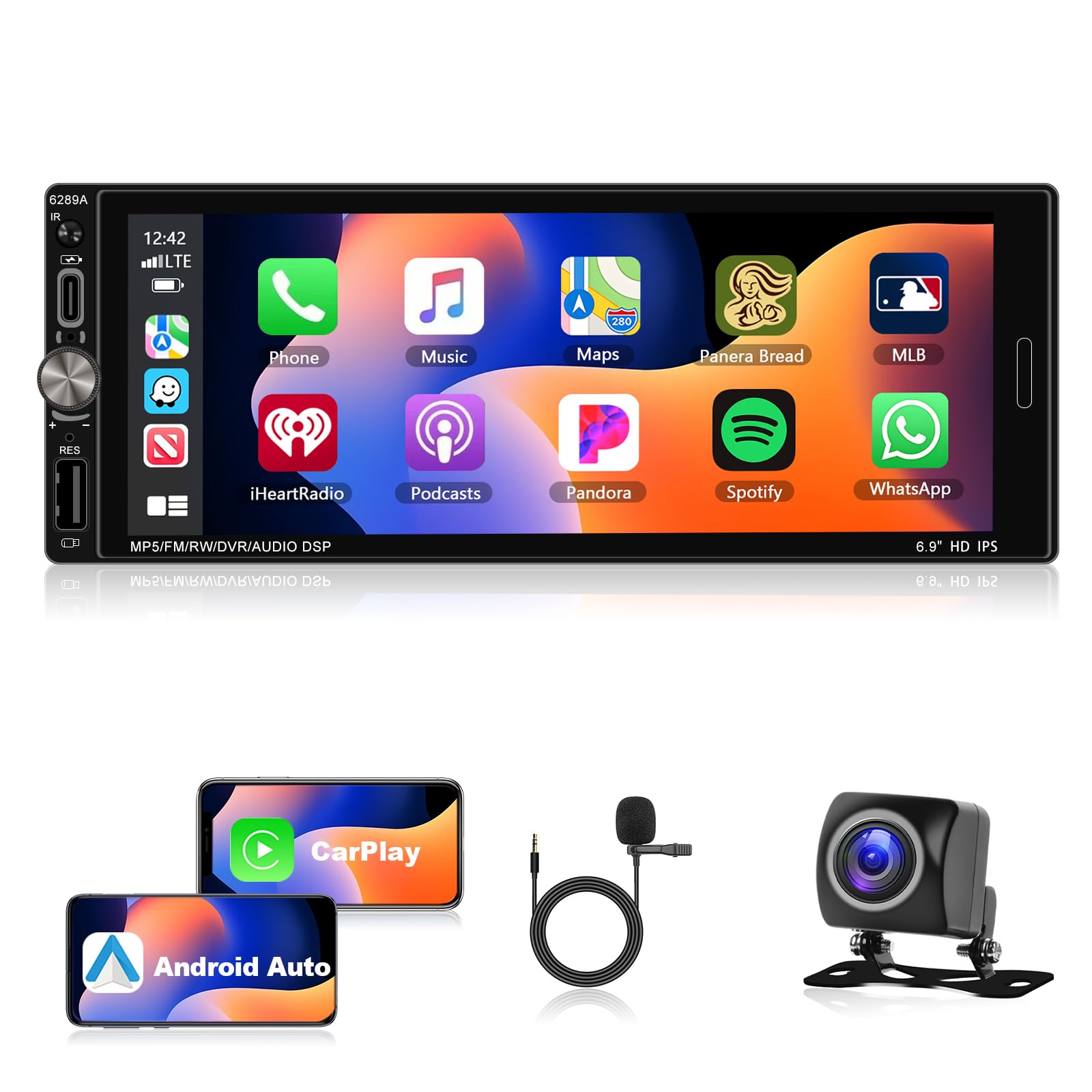 Podofo 2G+32G Autoradio 1 Din,6.9“ Android 15 con wireless Carplay Android Auto Bluetooth Stereo con Schermo, Supporto USB,Type-C,GPS Navigazione, WiFi, SWC, FM/RDS Radio,+ AHD Telecamera Posteriore
