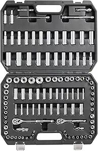 VEVOR Socket Set, 1/4" and 3/8" Drive Socket and Ratchet Set, 6-Point Socket Opening, 106 Pcs Tool Set SAE and Metric, Deep and Standard Sockets, 5/32-1 in, 5-19 mm, with Accessories, Storage Case
