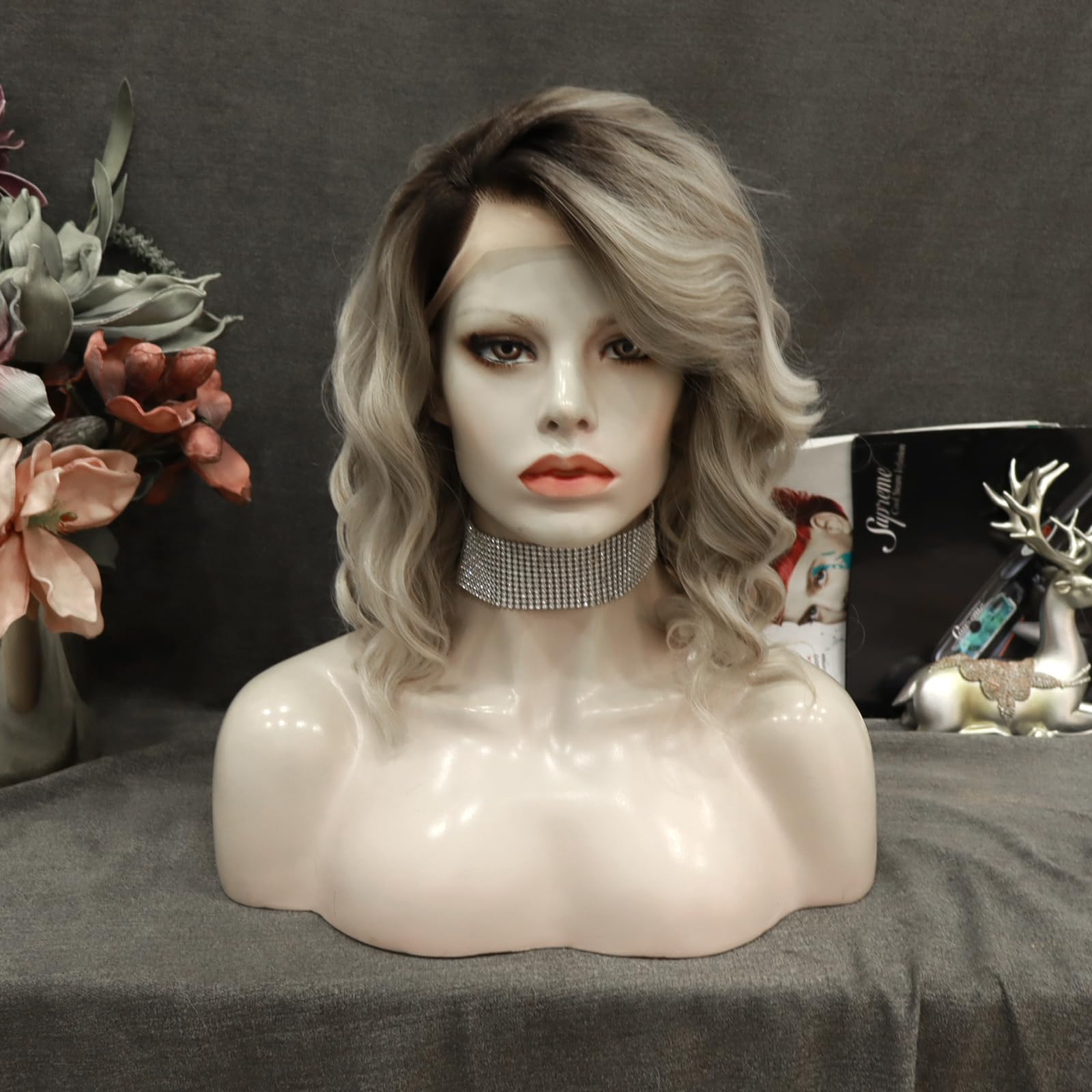 IMSTYLE Ash Blonde with Brown Roots 13x2 Lace Front Wig, 14 Inch Shoulder Length Wavy Synthetic Bob for Women Ash blonde with subtle honey blonde accents and br