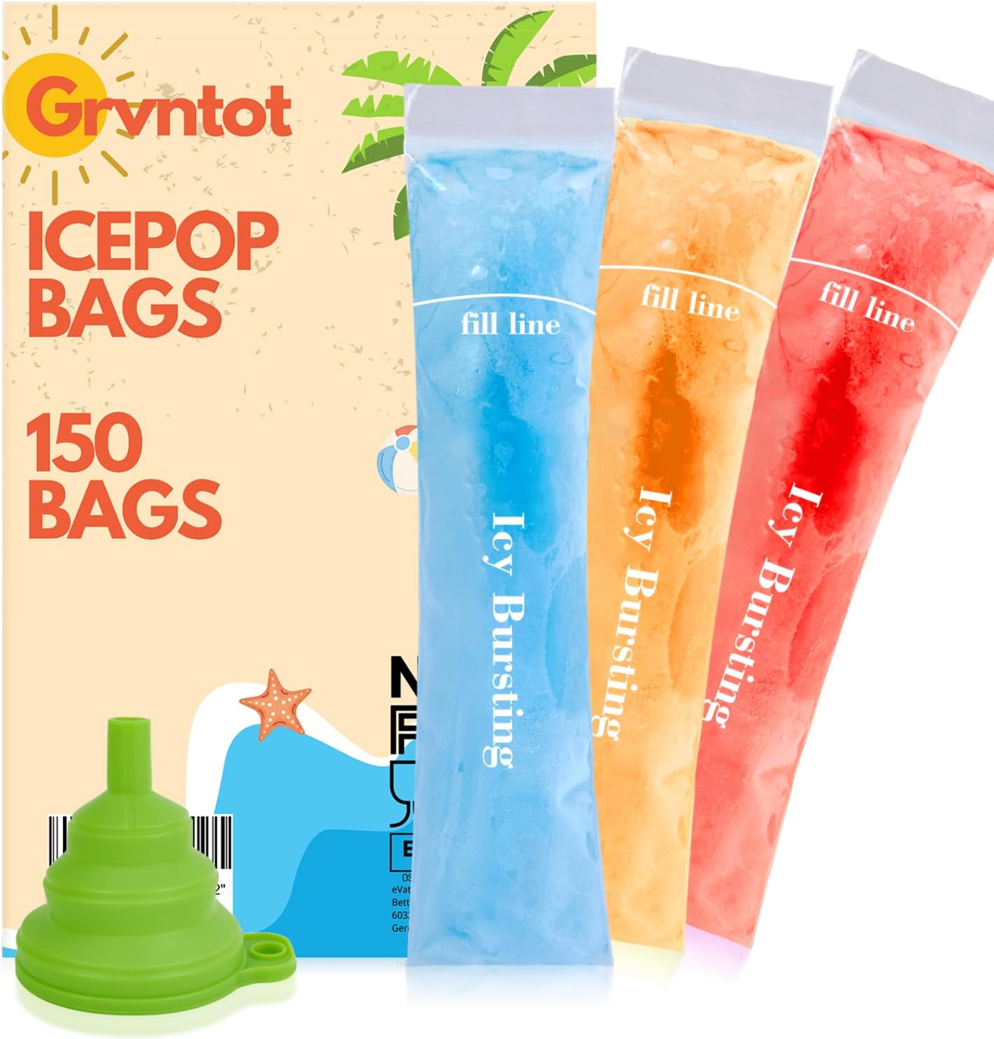 150 Disposable Ice Popsicle Mold Bags (8×2″) for DIY Natural Fruit Snacks, Juice & Smoothies, Ice Pops Molds | BPA-Free, Zip Seals, Funnel Included