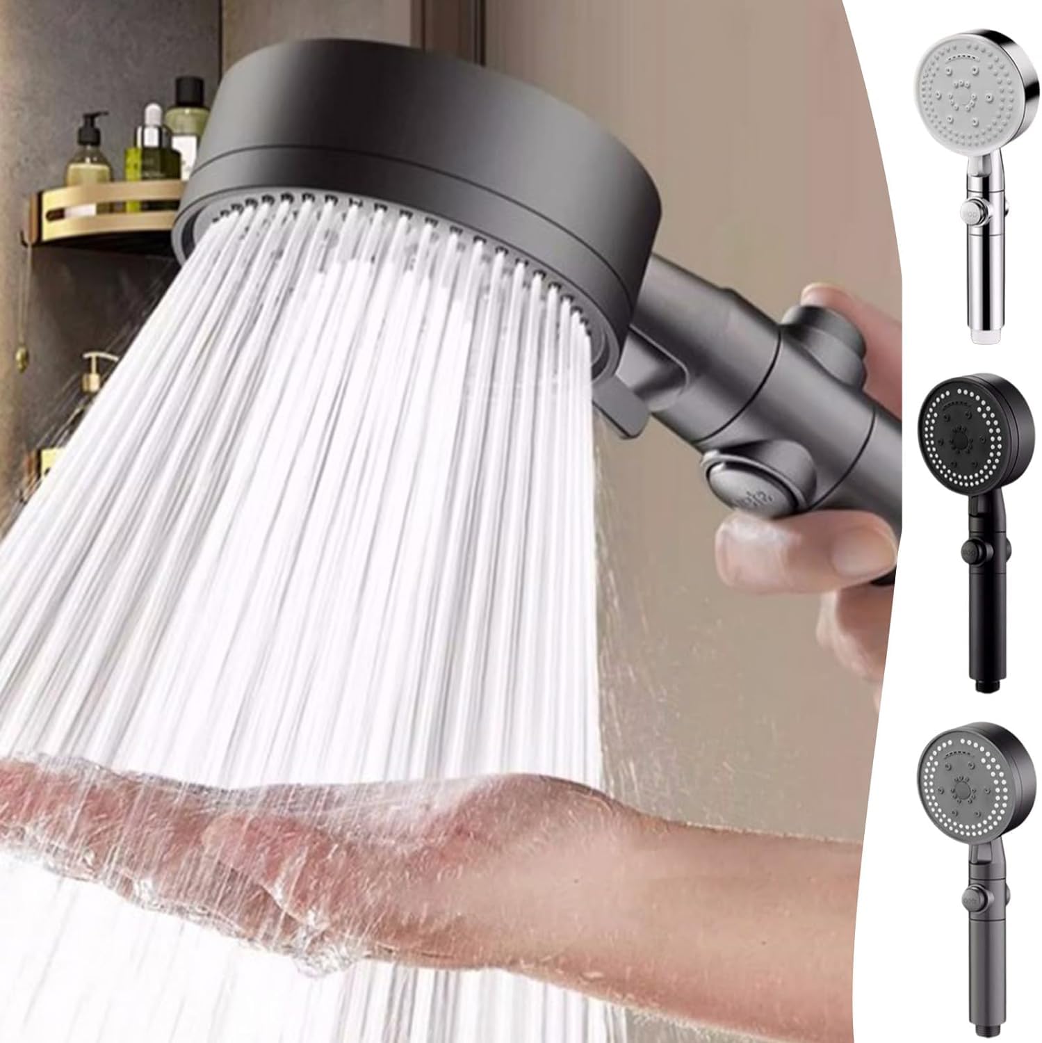 High Pressure Handheld Shower Head with On Off Switch, Chrome Detachable Showerhead, 8 Spray Modes Shower Massager Handheld Hard Water Filter for Bathroom (Siliver)