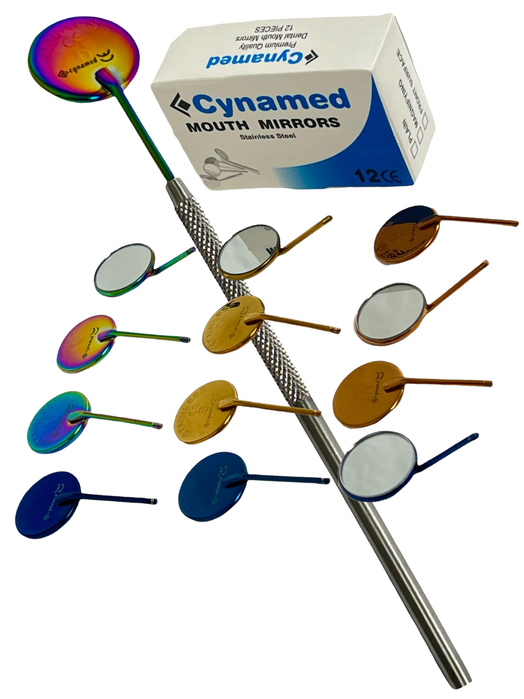 Pack of 12 Dental Mouth Mirrors #5 with 1 Dental Mouth Mirror Handle | Rainbow Colored Mirrors | Stainless Steel Teeth Examination Mirror