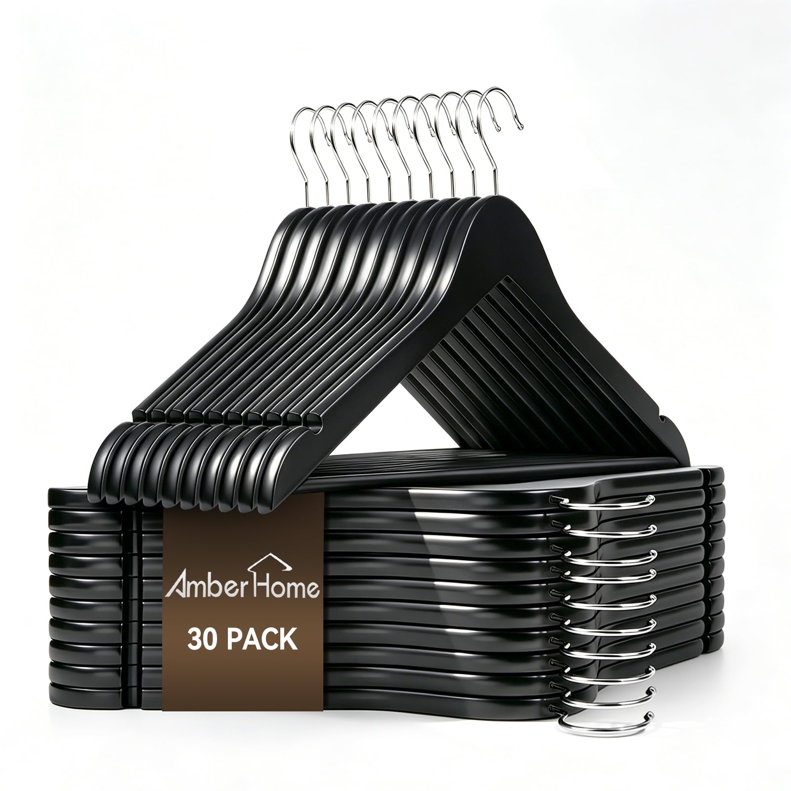Amber Home 30 Pack Black Wooden Coat Hangers, Wood Suit Hangers | Heavy Duty Hangers with Non-slip Pants Bar, Clothes Hangers for Closet Organization, Shirts, Jackets, Dresses, and Pants