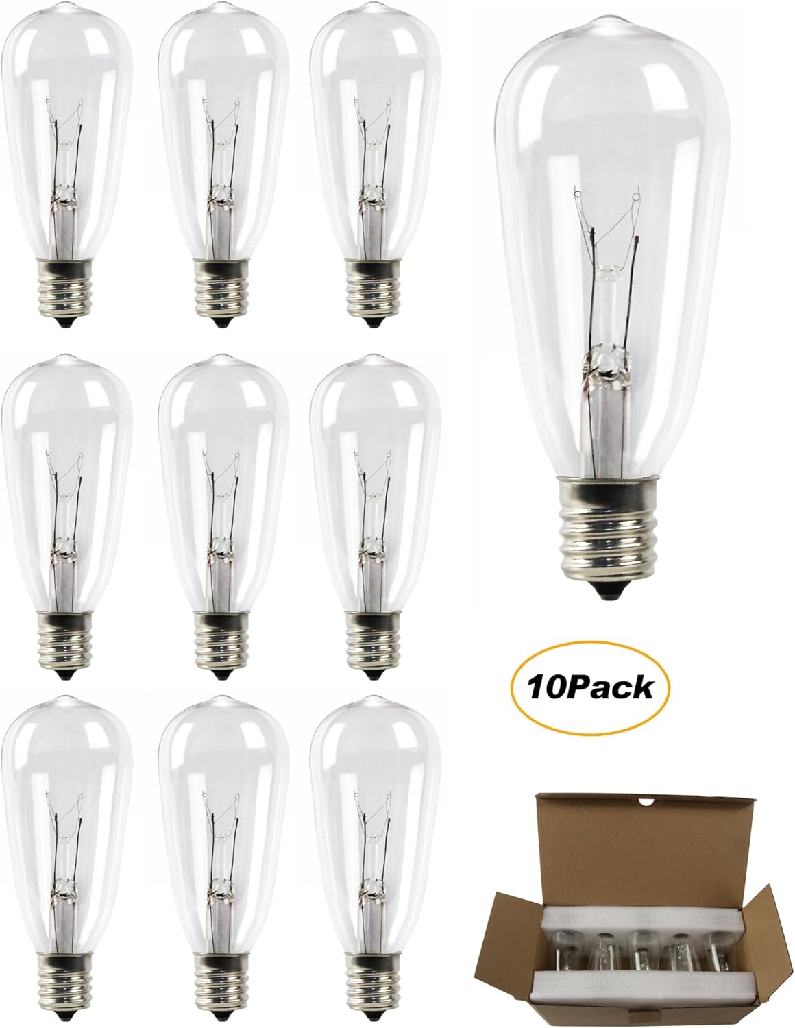 10-Pack ST40 Light Bulbs for Outdoor String Lights, Durable Glass & E17 Base, Dimmable 2200K Warm White, Safely Packaged Edison Bulbs for Patio, Bistro, Party