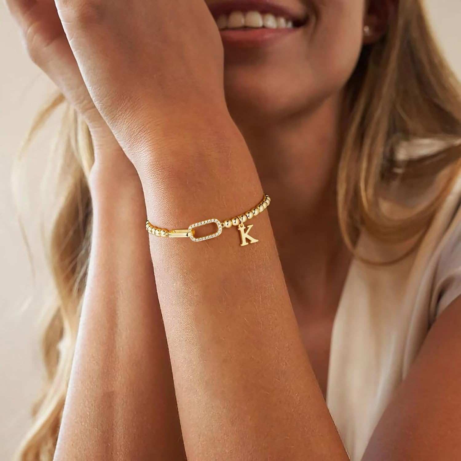 M MOOHAM Gold Initial Bracelets for Women - 14K Gold Plated Cubic Zirconia Interlock Circles Letter A-Z Initial Bracelet, Stretch Beaded Bracelets for Women Jewelry Birthday Gifts