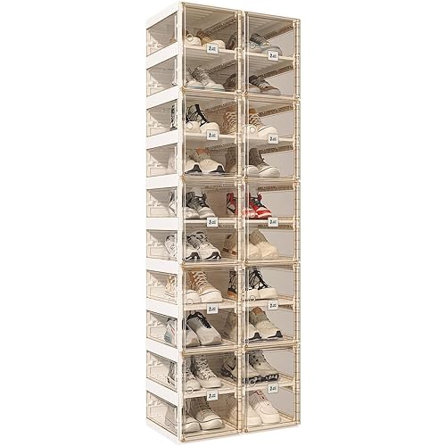 Foldable Shoe Rack,Shoe Organizers for Closet Plastic Shoe Storage Box for Entryway,Living Room,Large Sturdy Stackable Sneaker Cabinet Bins with Magnetic Clear Door 10 Tiers 20 Pairs