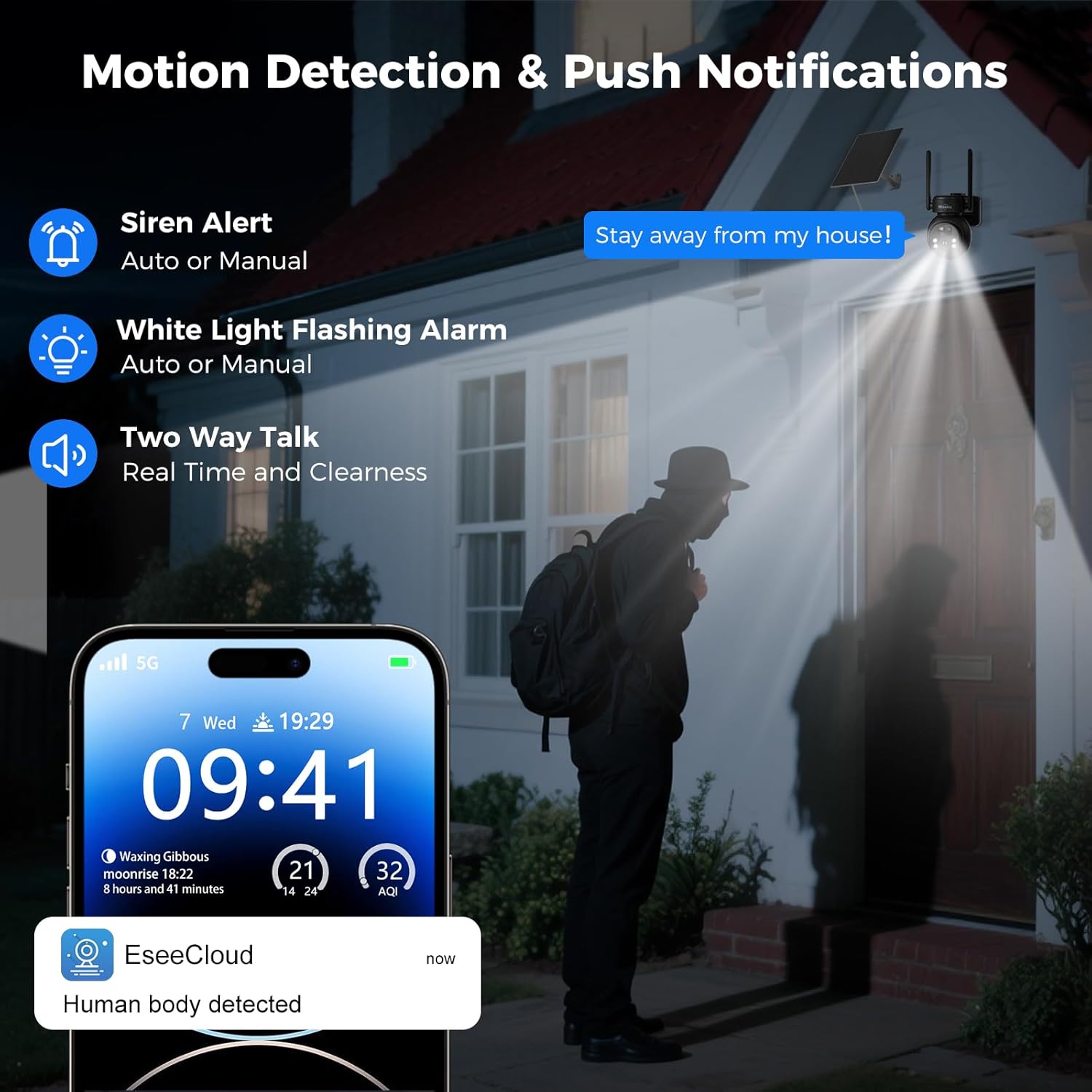 Smartphone displaying a 'Human body detected' alert from the EseeCloud app, with a person walking near a house