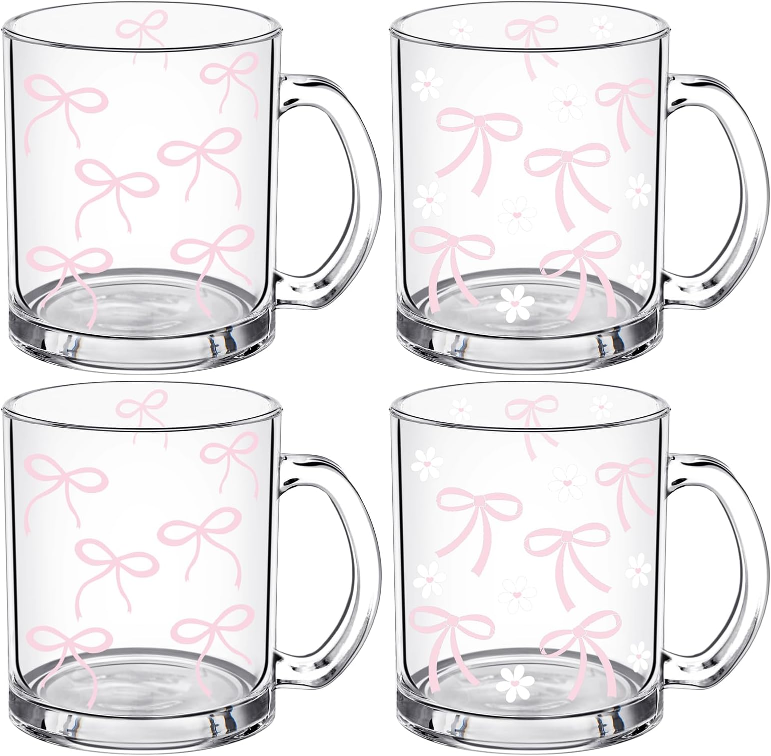 4 Pcs Cute Pink Bow Glass Cups with Handle 12 oz Coquette Aesthetic Iced Coffee Mug Tumbler Girly Preppy Gifts for Women Girls Friends Birthday Party Wedding Baby Bridal Shower Trendy Stuff
