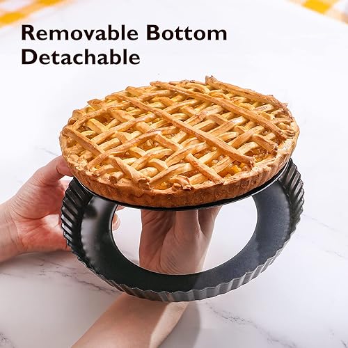 Miniatura 7 de HONGBAKE Sartén redonda de 9 pulgadas con parte inferior extraíble, sartén antiadherente para hornear quiche para horno, lata para tartas de queso,