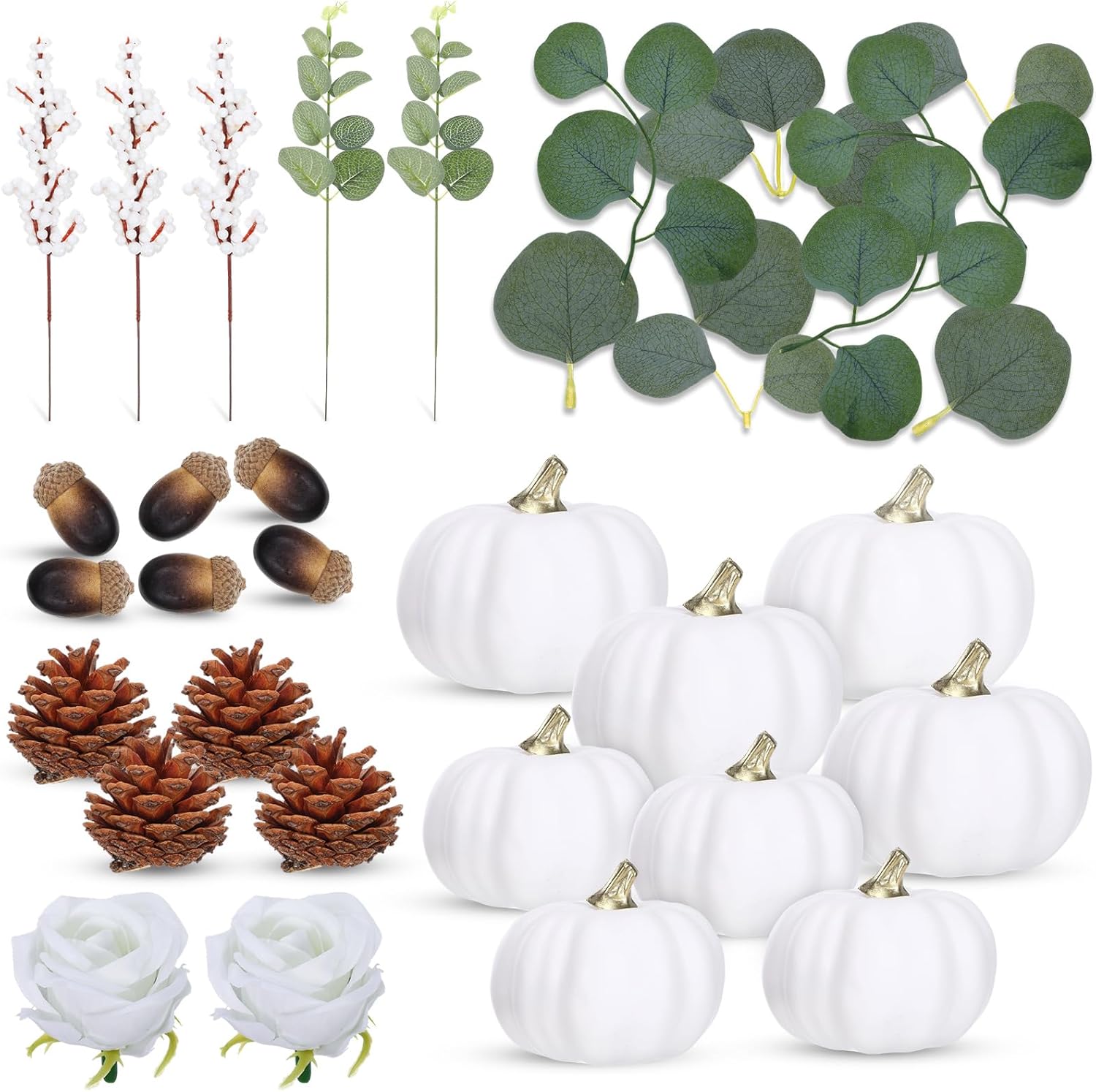 Artificial Pumpkin Eucalyptus Leaves Fall Decor, 56 PCS Fall Harvest Decorations for Halloween Thanksgiving with Pumpkins Acorns Pinecones Berries Leaves for Farmhouse Table Tiered Tray(White)