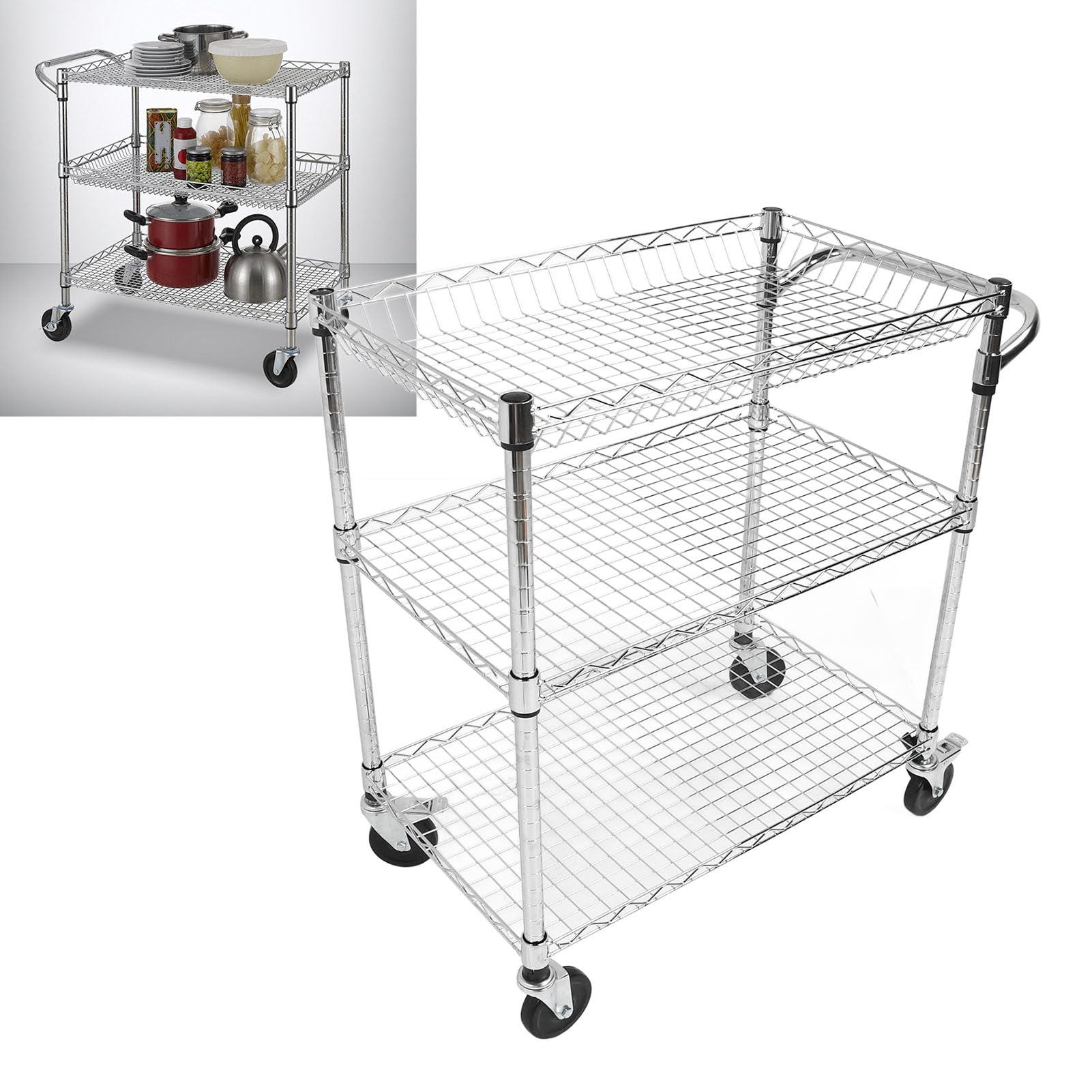 Ausla Carrello Portaoggetti con Rotelle, Carrello Portaoggetti con Rotelle a 3 Livelli in Acciaio Al Carbonio con Ripiani e Clip Regolabili, con in Metallo per Cucina Sala da Pranzo Garage Ufficio