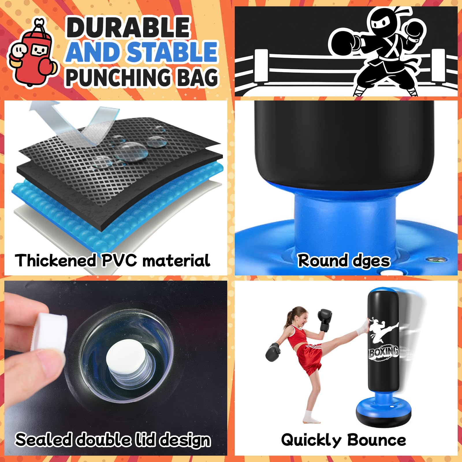 Ninonly Boxsack Kinder Stehend mit Boxhandschuhen 160cm Ultra Verstärkte PVC Aufblasbarer Boxsack Standboxsäcke für Kinder Geschenk für Jungen & Mädchen im Alter von 3-12 Jahren für Karate,Taekwondo