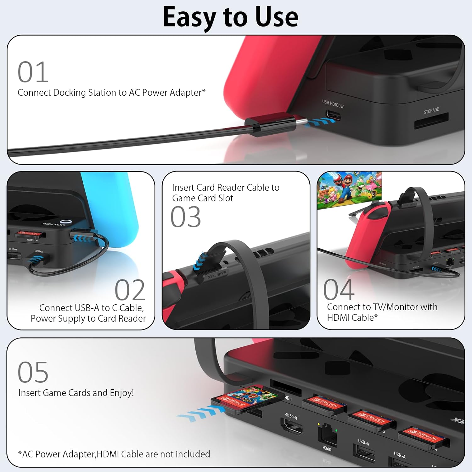 Unitek Switch Dock Station, Game Card Reader with 4K HDMI/USB 3.0/USB-C Charging Ports, Portable Nintendo Switch Docking Replacement, 4 Card Slots - Image 8