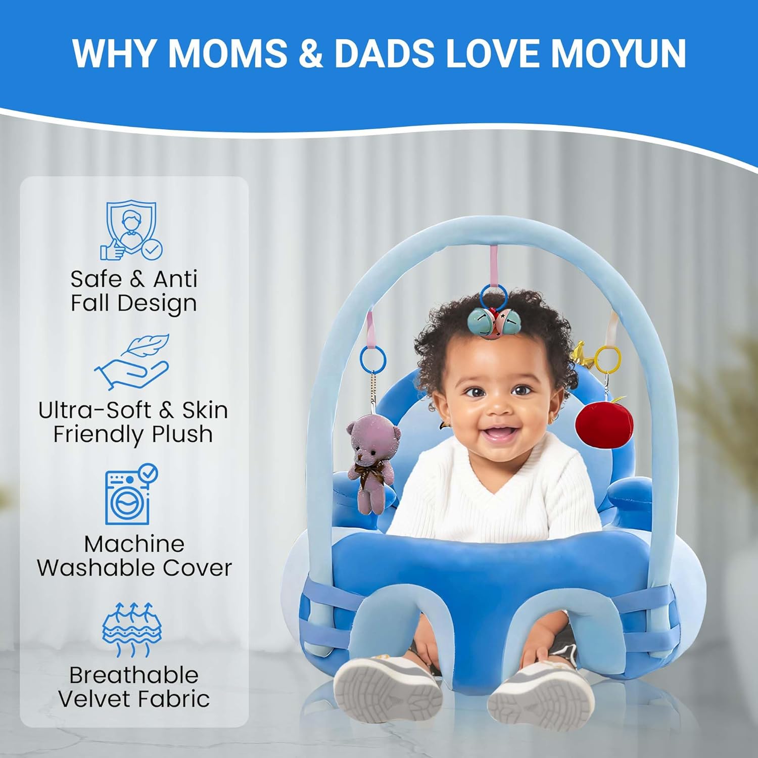 Baby Support Sofa, Infant Sitting Chair, Plush, Attachable and Removable Learning and Interactive Entertainment Seat, Anti-Drop, Baby Chair for 6+ Months for Safe Sitting (Blue)