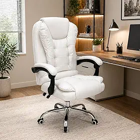 Cadeira Presidente Ergonômica Branca, Couro Sintético, Sistema Relax com Trava, Base Giratória 360°, Pillow Top, Suporte até 120 kg