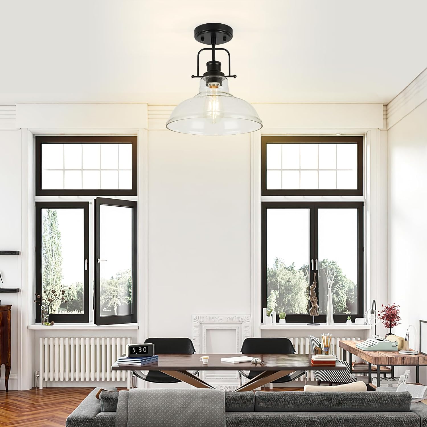 WILON Semi Flush Mount Ceiling Light Fixture, Black Farmhouse Light Fixtures with Clear Glass Shade, Modern Vintage Ceiling Lamp for Kitchen Sink Foyer Bathroom Entryway Hall Laundry Room Hallway
