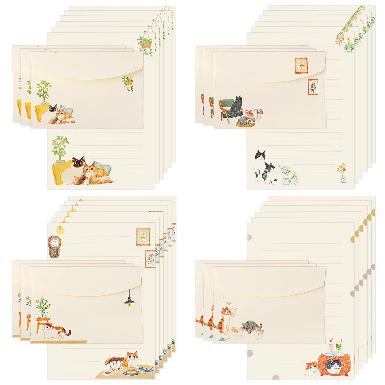 36Pcs Writing Paper and Envelopes Set,4 Different Warm Cute Cat Pattern Themed Stationary Set Design for Invitations Gift Decorations Holiday Party,24 Lined Stationery Paper with 12 Envelops