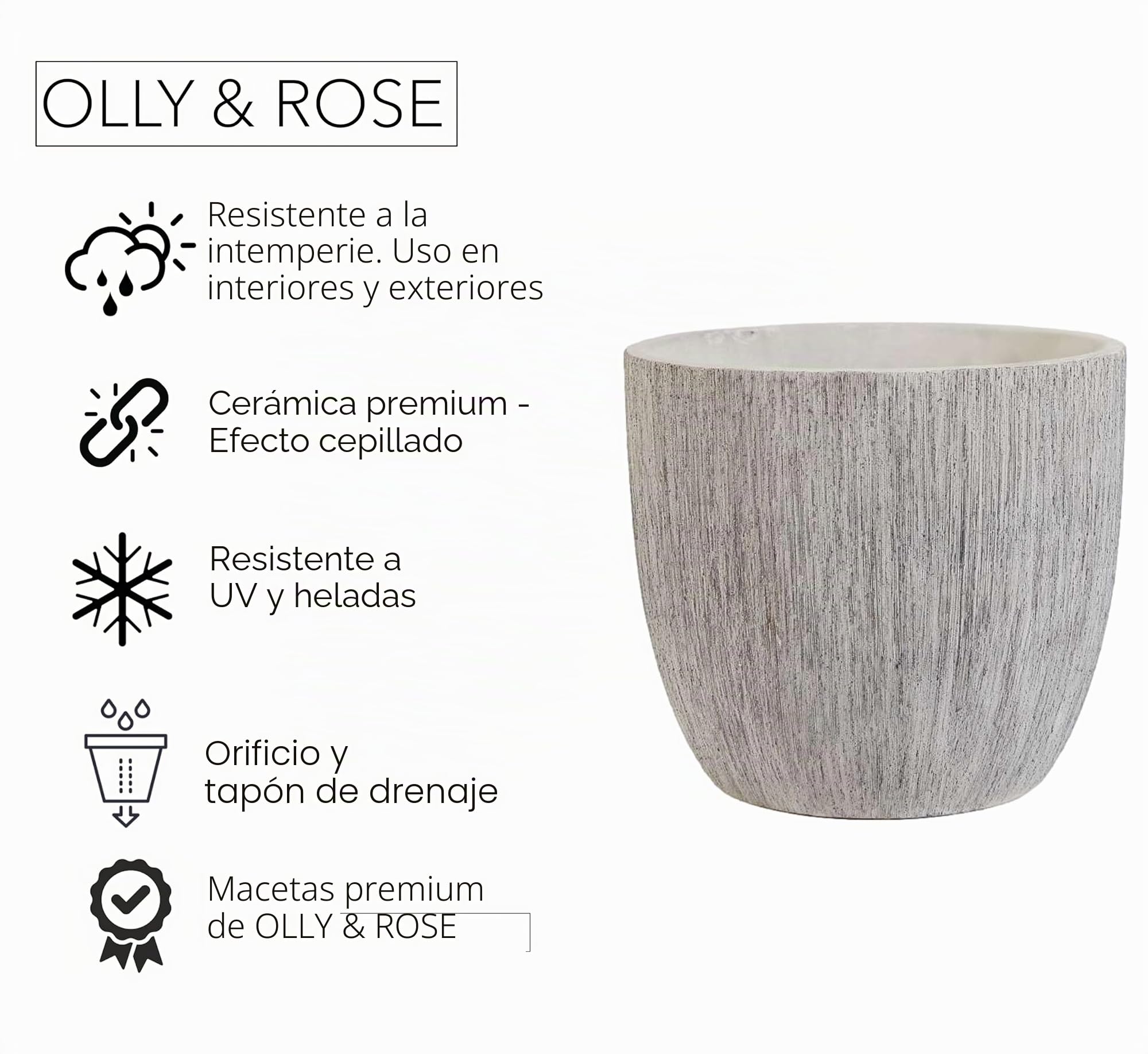 Olly & Rose Madrid - Maceta de cerámica de 25 cm, color gris y blanco, cepillada, macetas grandes para exteriores e interiores, macetas grises