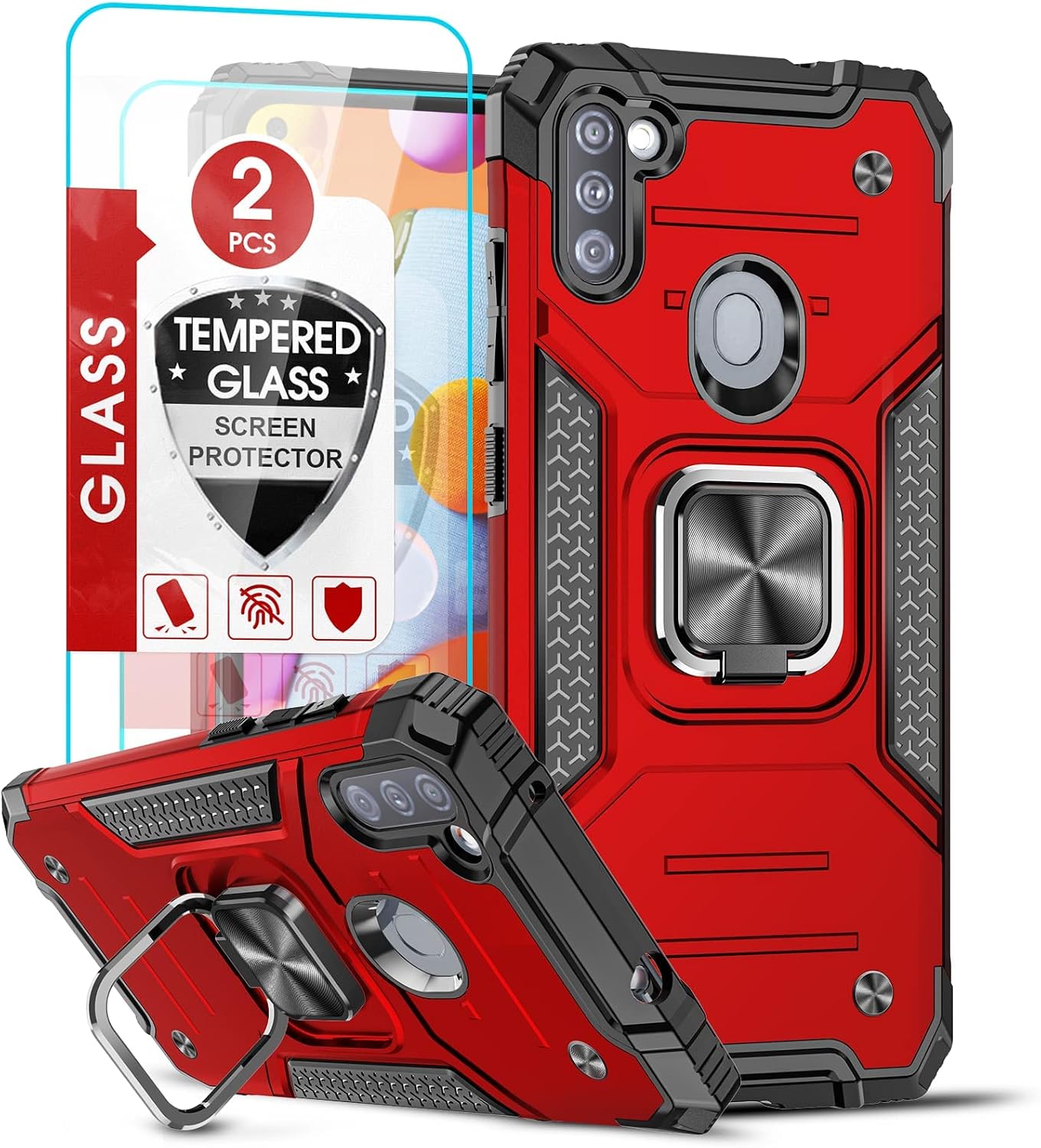LeYi for Samsung A11 Phone Case, Galaxy A11 Phone Case with 2PCS Tempered Glass Screen Protector for Men Women, [Military-Grade] Protective Phone Case with Ring Holder Kickstand for Samsung A11, Red