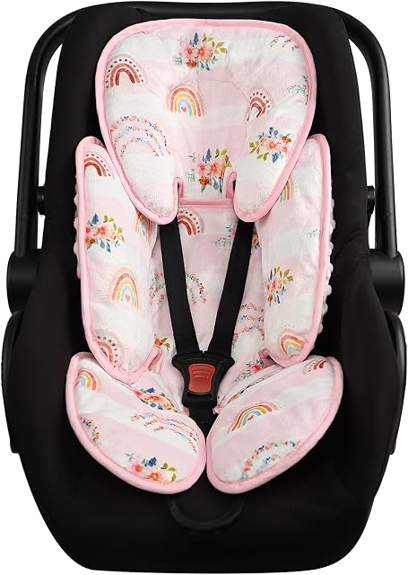Infant Car Seat Insert Pea Pod 2-in-1 Baby Car Seat Head & Body Support for Newborn Girl Reversible 3 Layer Warm Preemie Carseat Stroller Cushion Headrest with Soft Minky Dot Fabric, Rainbow & Floral