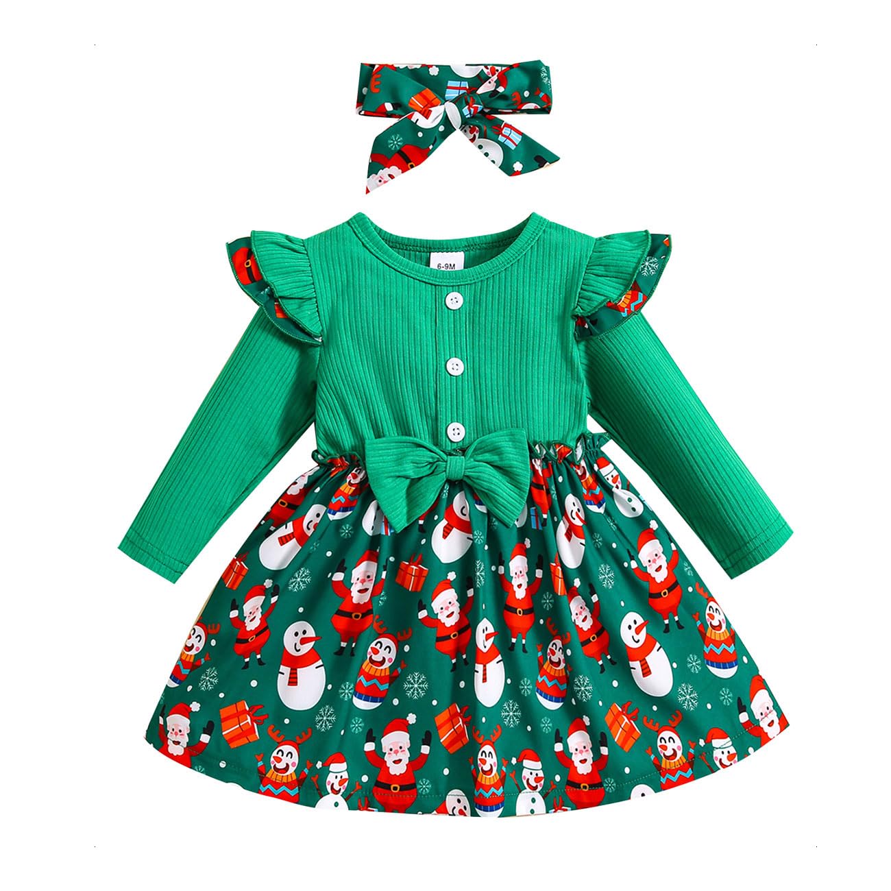 KONFEN Vestido de Bebé Niña - Conjunto de Vestido Navidad de Manga Larga Volantes con Arco + Diadema, Punto Acanalado Vestido Conjunto de 2 Piezas para Bebe Niña 0-3 Años (Patrón de Navidad/Animales)