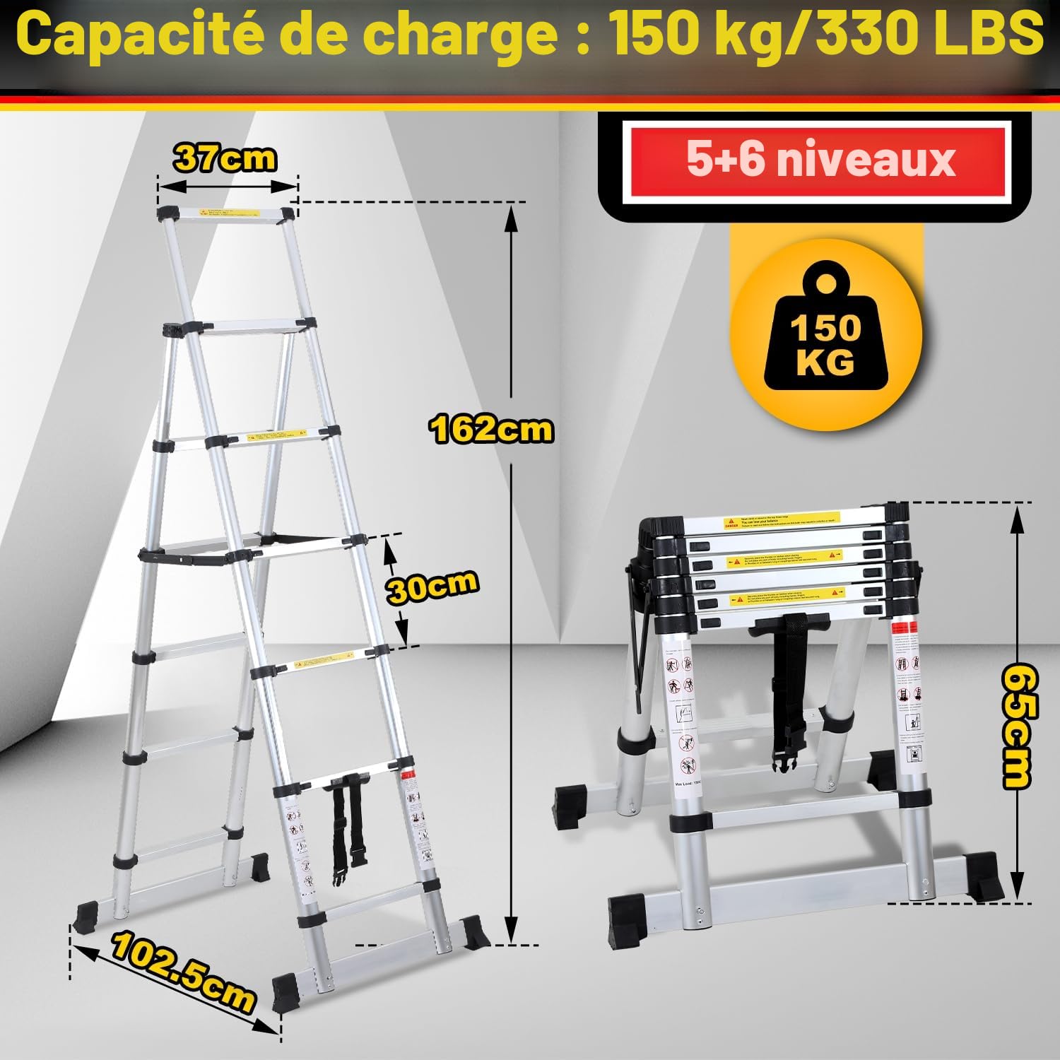 Échelle télescopique Pliante - 1,7 m + 2,0 m - en Aluminium - Cadre A - 5 + 6 échelons - Antidérapante - Charge maximale : 150 kg