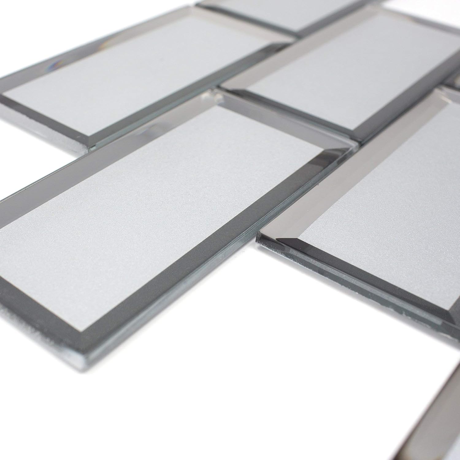 TRBMG-01 3x6 Silver Foil Paper Back Grey Glass Subway Tile with Bevel Backsplash (10 Sheets)