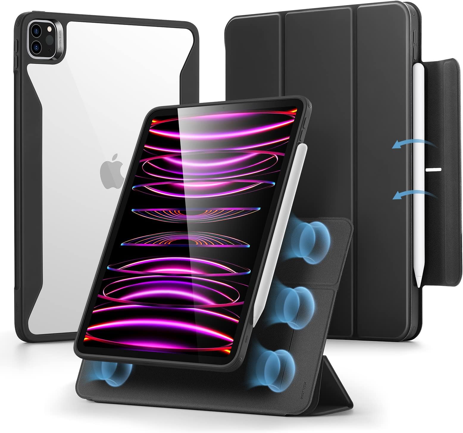 Hybrid Case Compatible with iPad Pro 12.9 Inch (2022/2021), iPad Pro 12.9 Case with Pencil Holder, Detachable Magnetic Cover, Vertical Stand, Rebound 360 Series, Black