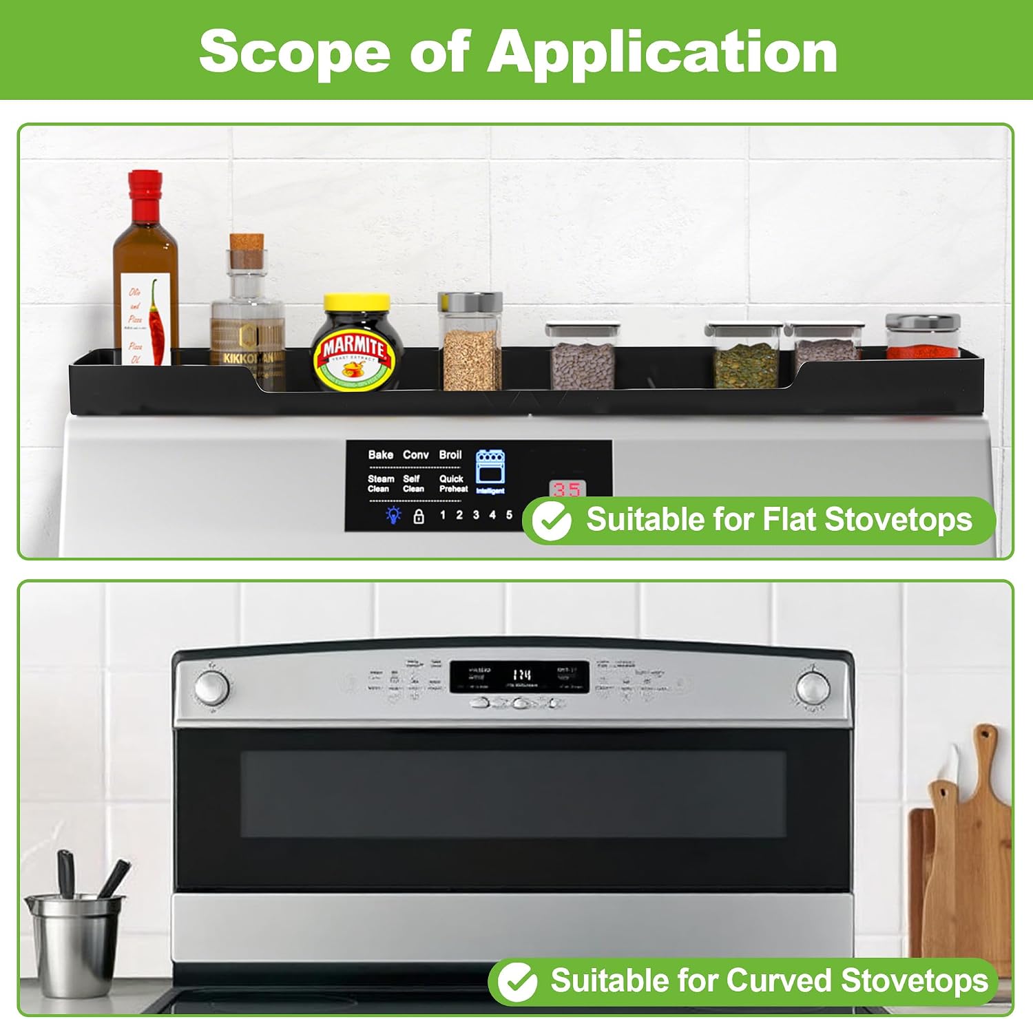 30 Inch Magnetic Stove Top Shelf | 3-Zone Kitchen Organizer with Anti-Slip & Anti-Fall Design | Heat Resistant (-40°F to 446°F) Food-Grade Silicone Spice Rack for Flat-Top Stoves, Black